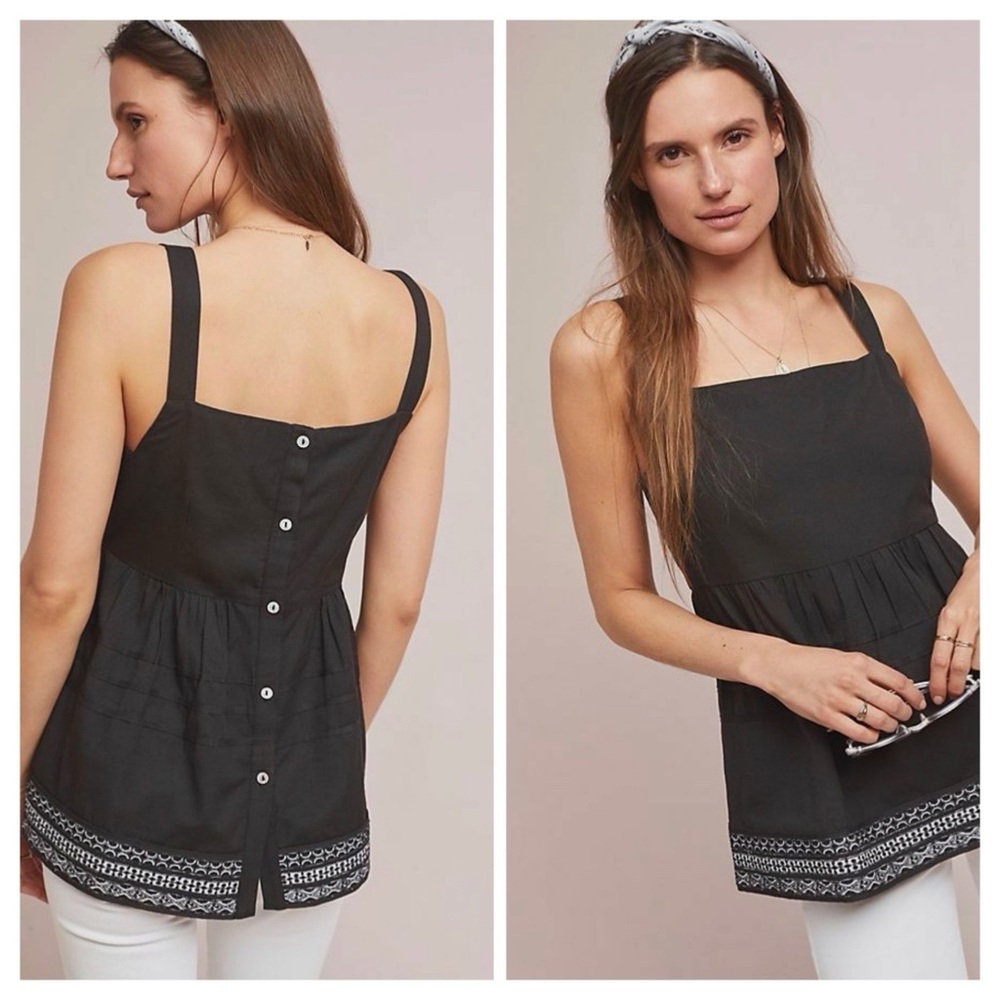 Anthropologie Amit Aggarwal Olivia Black Embroidered Babydoll Sleeveless Blouse